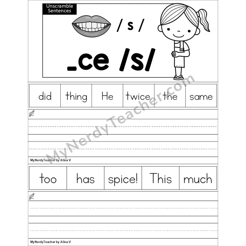 Editable Soft C (_ce) Unscramble Sentences Worksheet (Black and White)
