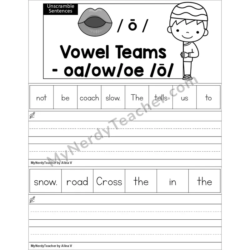 Editable oa, ow, oe Vowel Team Unscramble Sentences Worksheet (Black and White)