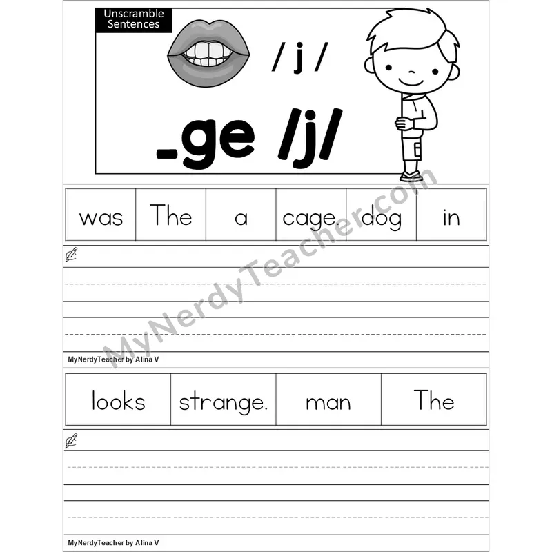 Editable Soft G (_ge) Unscramble Sentences Worksheet (Black and White)