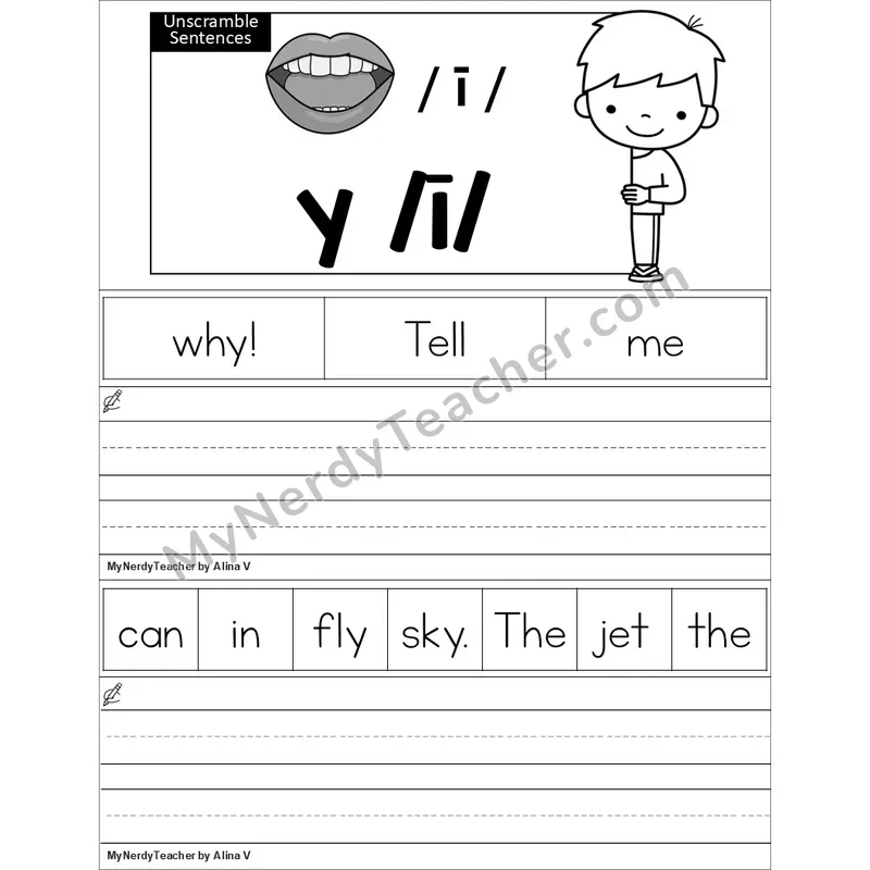 Editable y as Long I Unscramble Sentences Worksheet (Black and White)