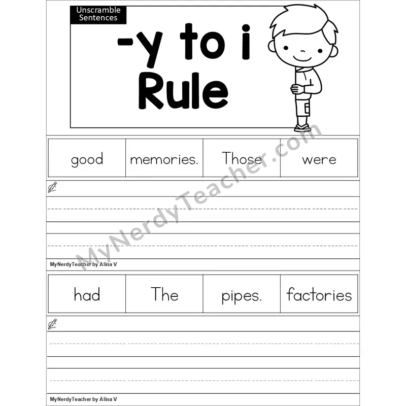 Editable Suffix Spelling: -y to i Rule Unscramble Sentences Worksheet (Black and White)