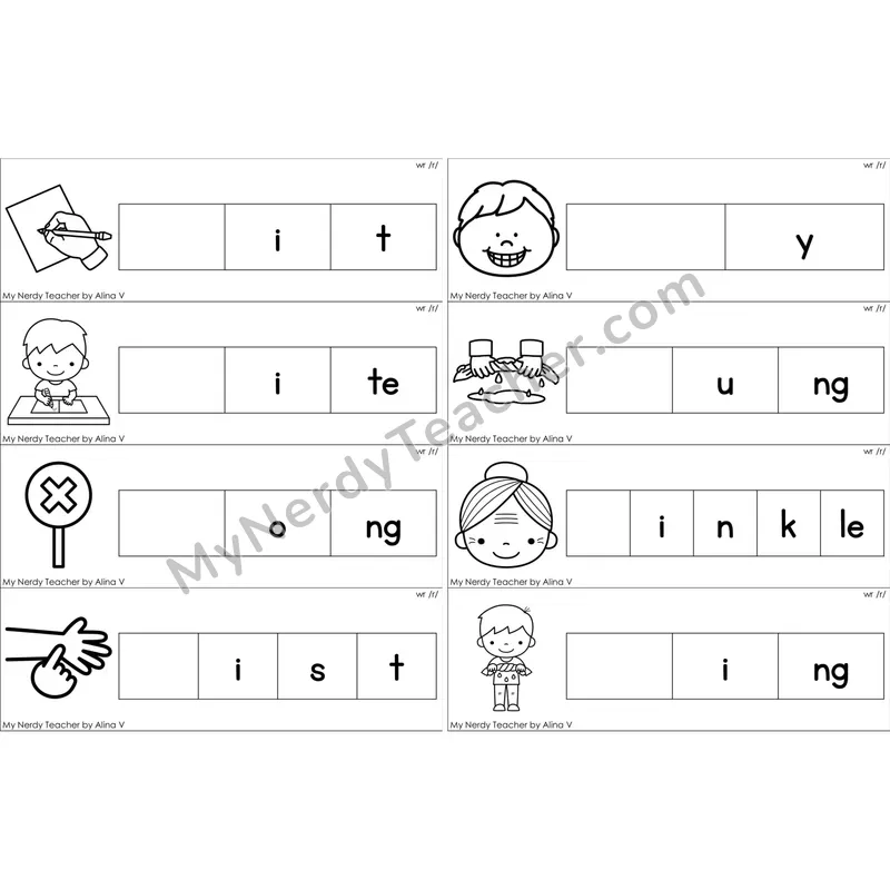 Silent wr Missing Beginning Sounds Word Cards (Black and White)
