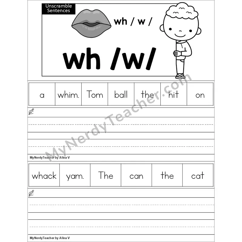 Editable wh Digraph Unscramble Sentences Worksheet (Black and White)