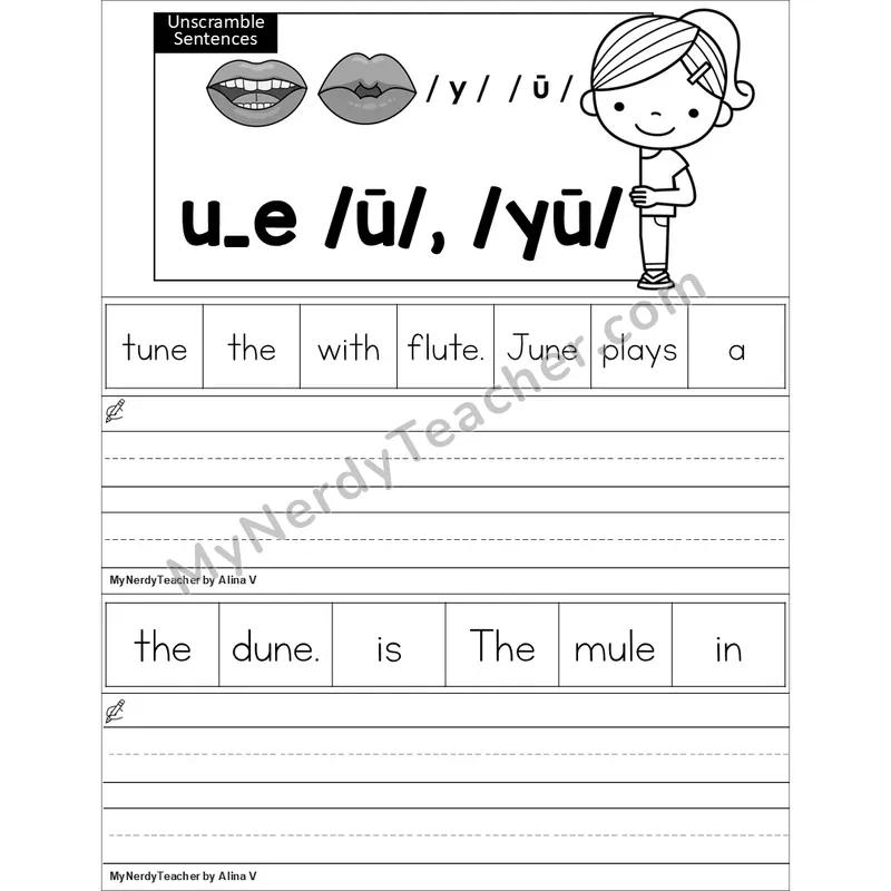 Editable u_e (Long U VCe) Unscramble Sentences Worksheet (Black and White)