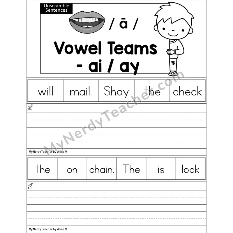 Editable ai, ay Vowel Team Unscramble Sentences Worksheet (Black and White)