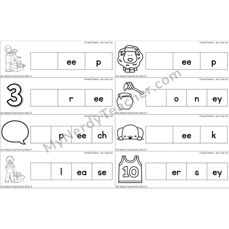 ee, ea, ey Vowel Team Missing Beginning Sounds Word Cards (Black and White)