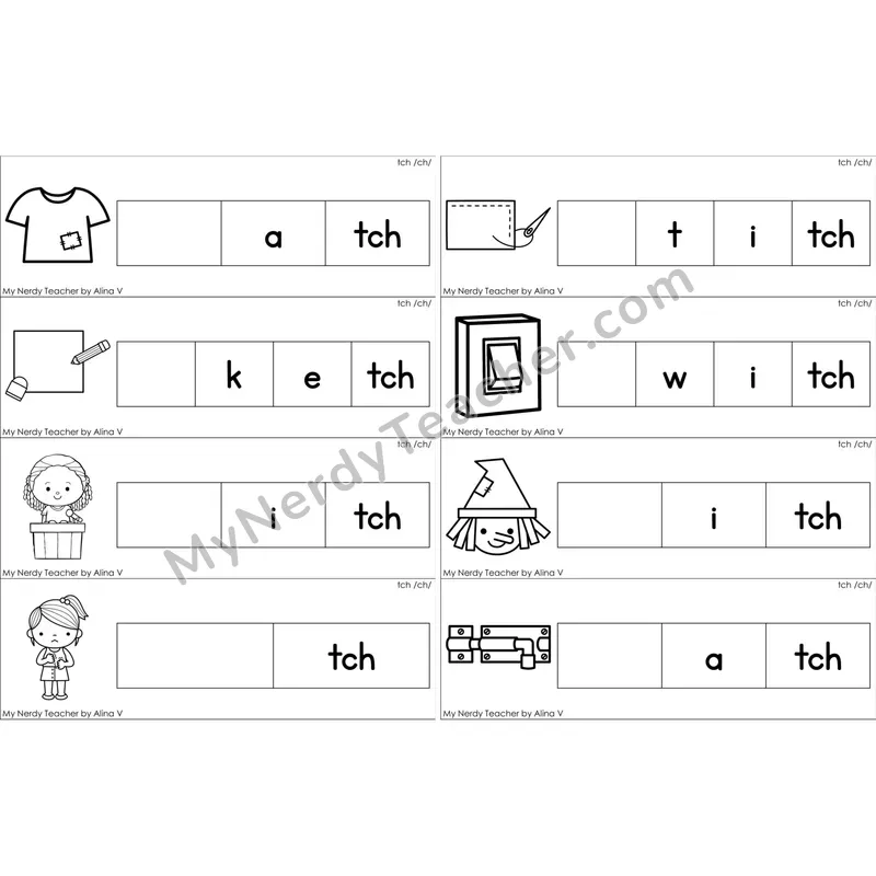 tch Trigraph Missing Beginning Sounds Word Cards (Black and White)