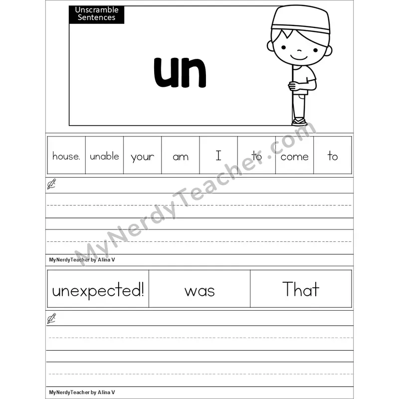 Editable Prefix un- Unscramble Sentences Worksheet (Black and White)