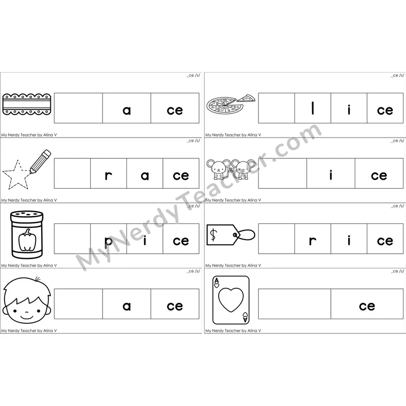 Soft C (_ce) Missing Beginning Sounds Word Cards (Black and White)