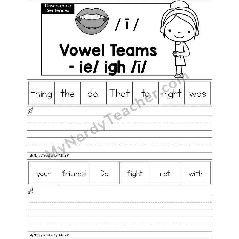 Editable ie, igh Vowel Team Unscramble Sentences Worksheet (Black and White)