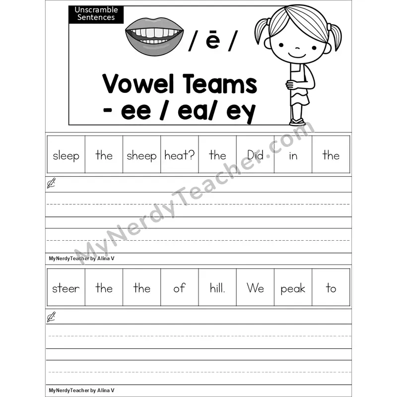Editable ee, ea, ey Vowel Team Unscramble Sentences Worksheet (Black and White)