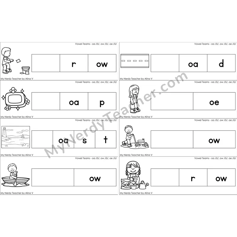 oa, ow, oe Vowel Team Missing Beginning Sounds Word Cards (Black and White)
