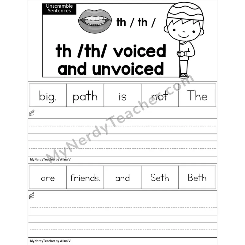 Editable Voiced and Unvoiced th Unscramble Sentences Worksheet (Black and White)
