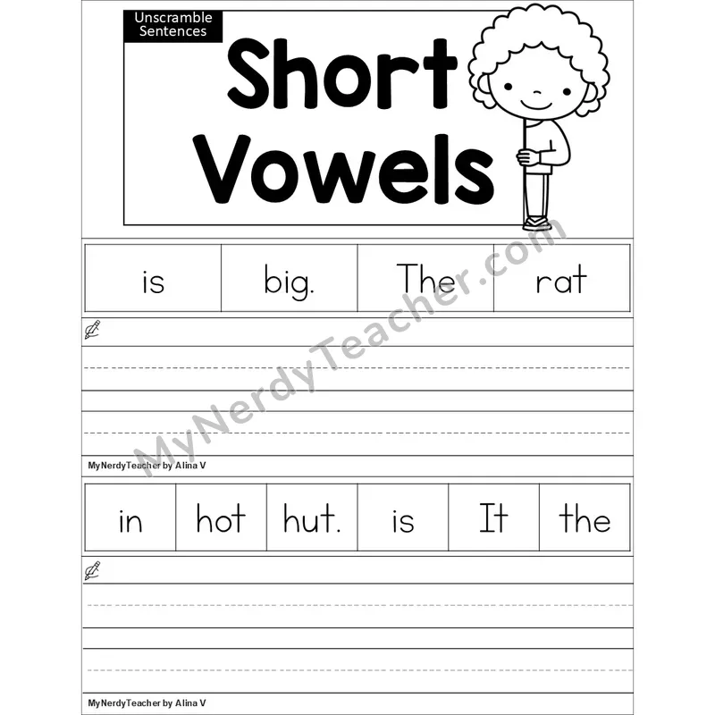 Editable Mixed Short Vowels Unscramble Sentences Worksheet (Black and White)