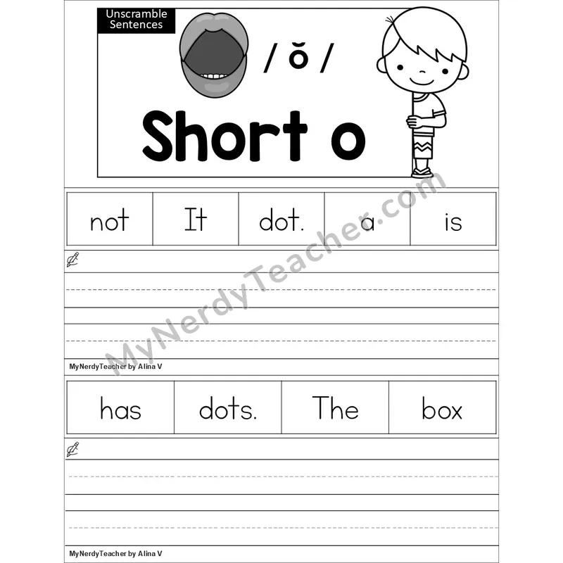 Editable Short O Unscramble Sentences Worksheet (Black and White)