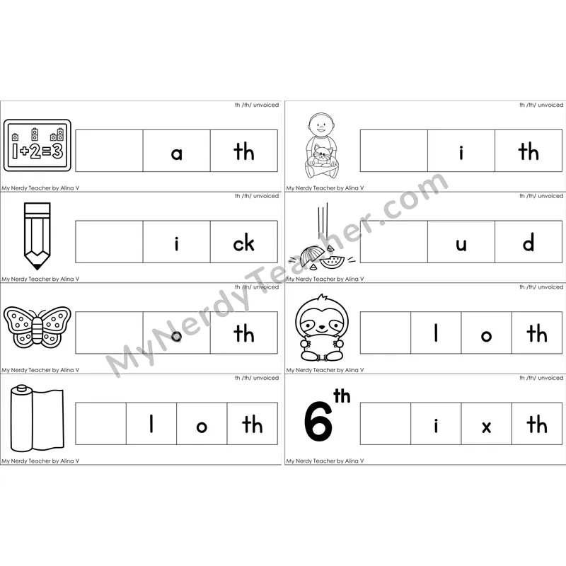 Unvoiced th Digraph Missing Beginning Sounds Word Cards (Black and White)