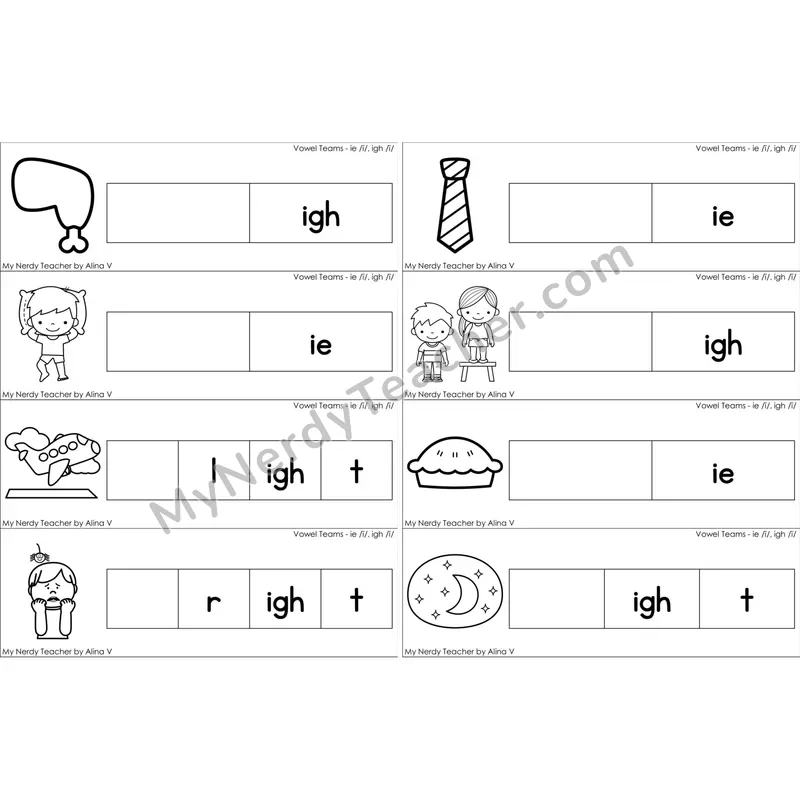 ie, igh Vowel Team Missing Beginning Sounds Word Cards (Black and White)