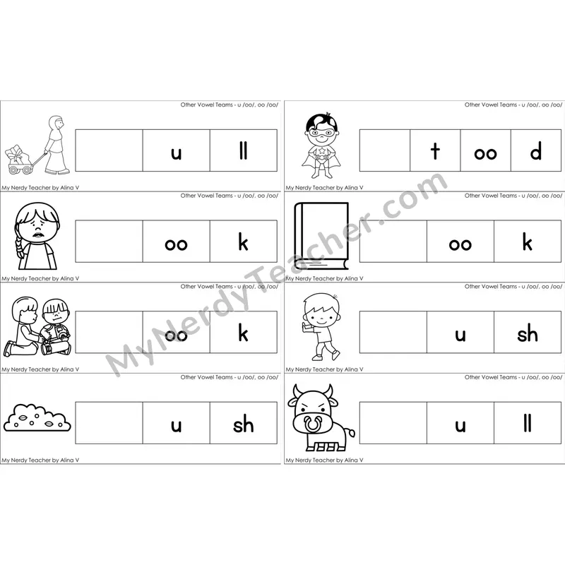 oo (long oo sound) Missing Beginning Sounds Word Cards (Black and White)