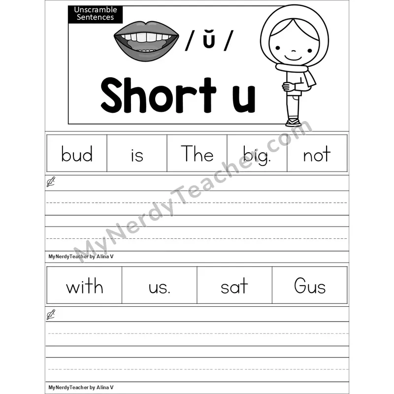 Editable Short U Unscramble Sentences Worksheet (Black and White)