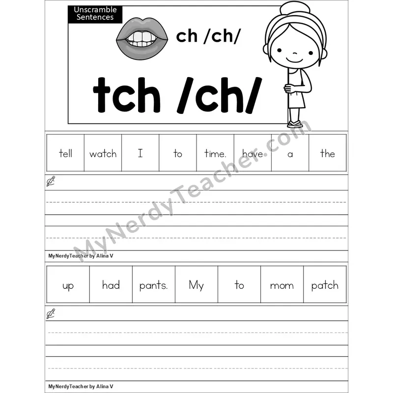 Editable tch Trigraph Unscramble Sentences Worksheet (Black and White)