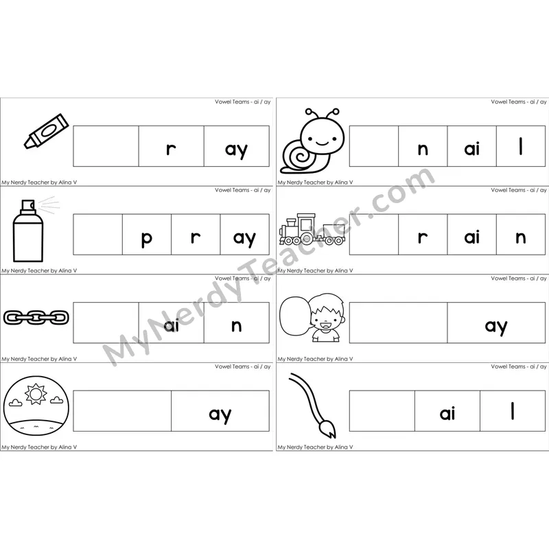ai, ay Vowel Team Missing Beginning Sounds Word Cards (Black and White)