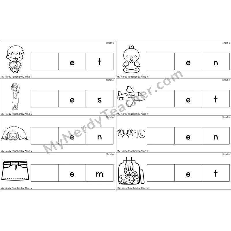 Short E Missing Beginning Sounds Word Cards (Black and White)