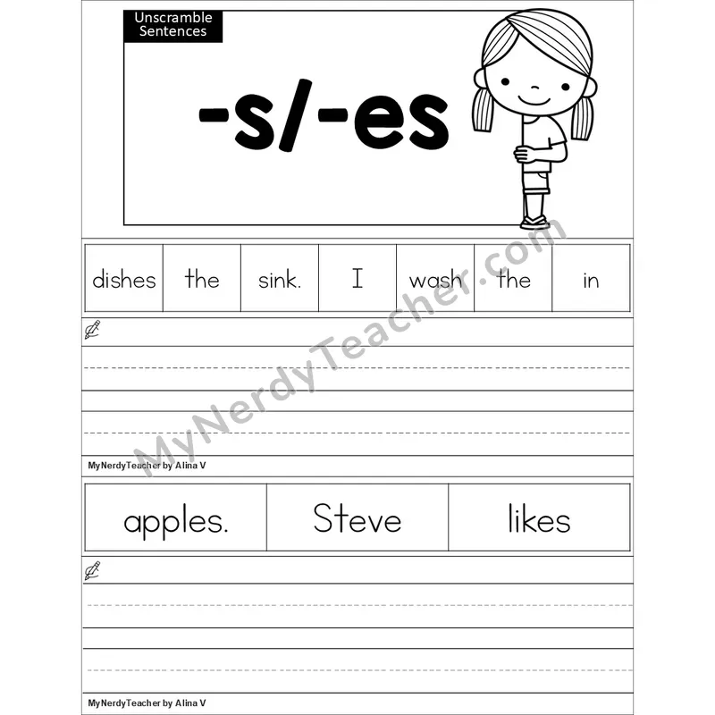 Editable Suffixes -s, -es Unscramble Sentences Worksheet (Black and White)
