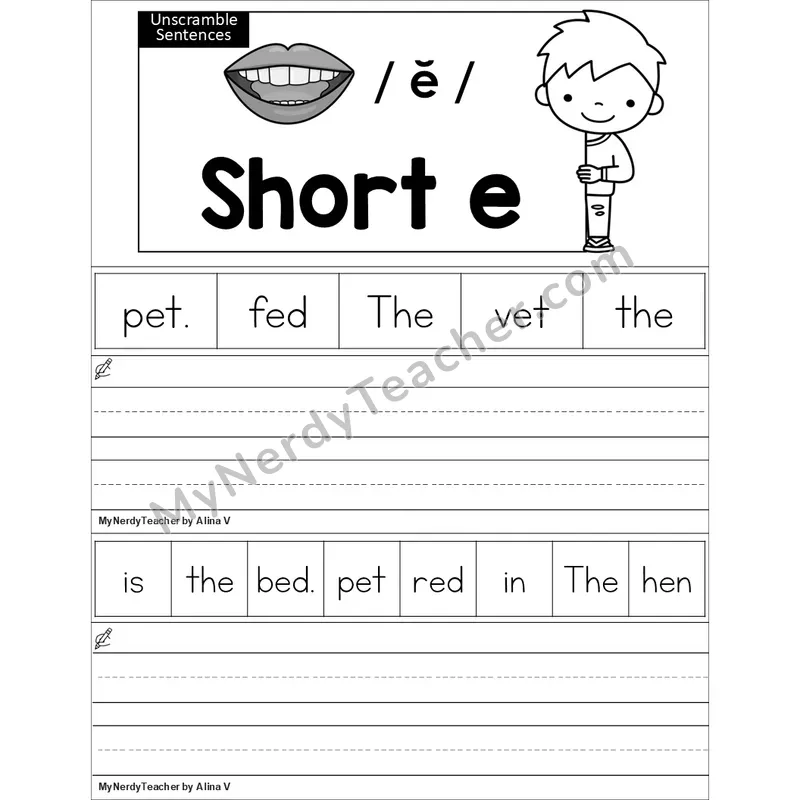 Editable Short E Unscramble Sentences Worksheet (Black and White)