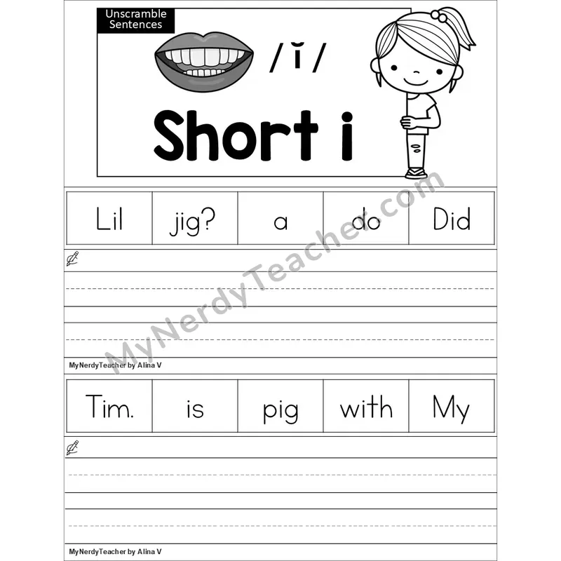 Editable Short I Unscramble Sentences Worksheet (Black and White)