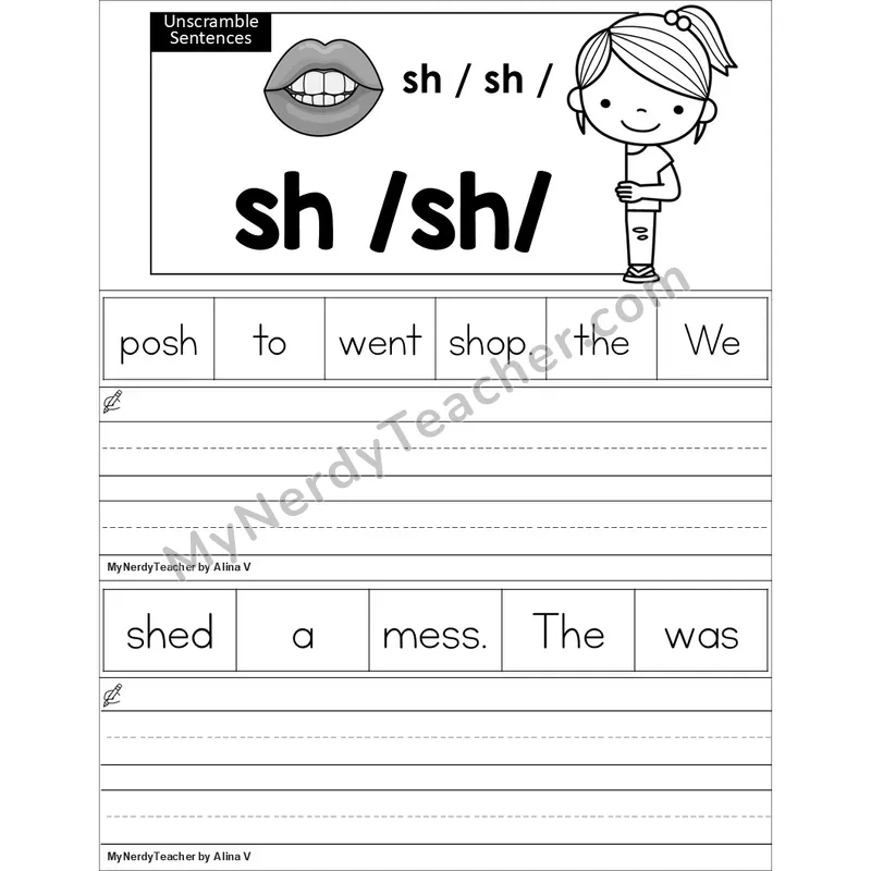 Editable sh Digraph Unscramble Sentences Worksheet (Black and White)
