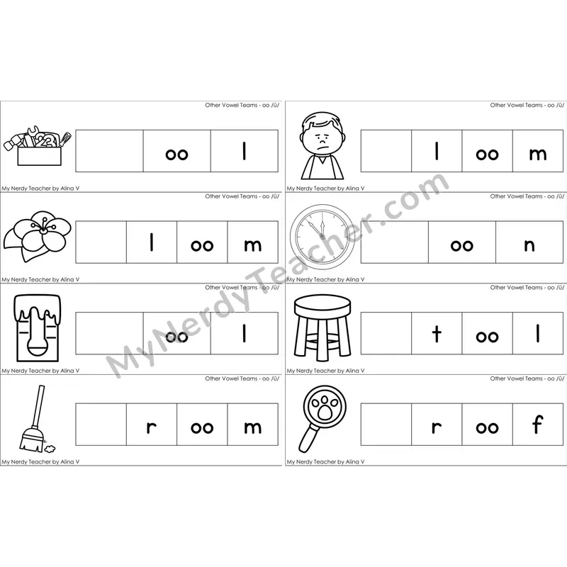 oo, u (short oo sound) Missing Beginning Sounds Word Cards (Black and White)