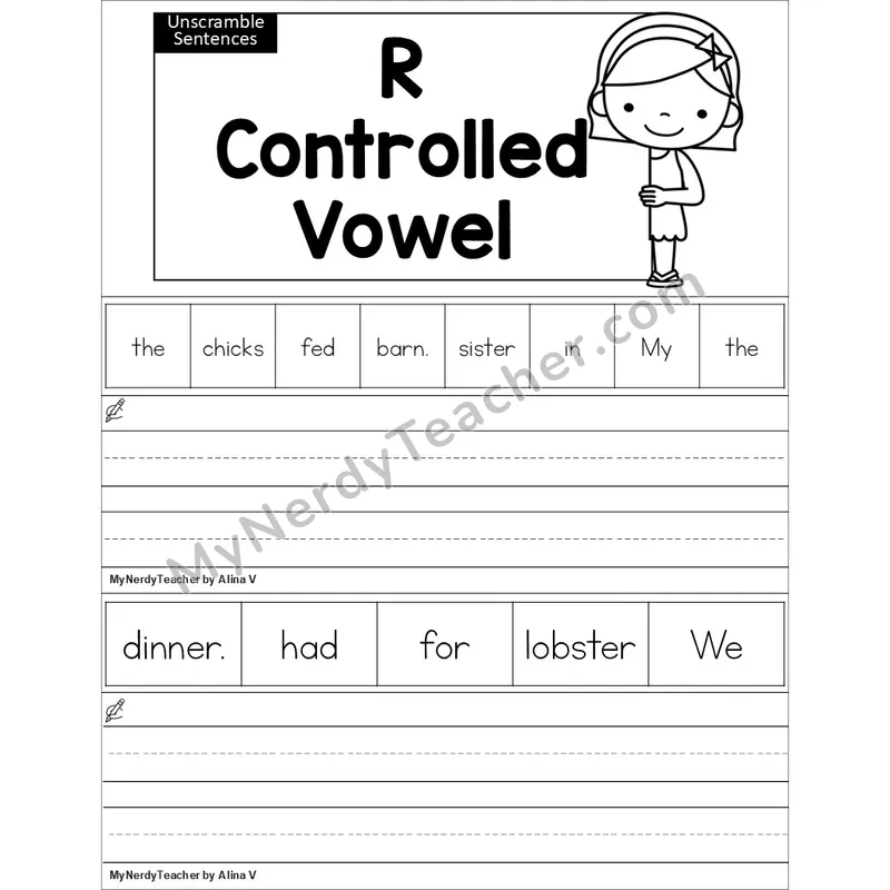 Editable R-Controlled Vowels Review Unscramble Sentences Worksheet (Black and White)