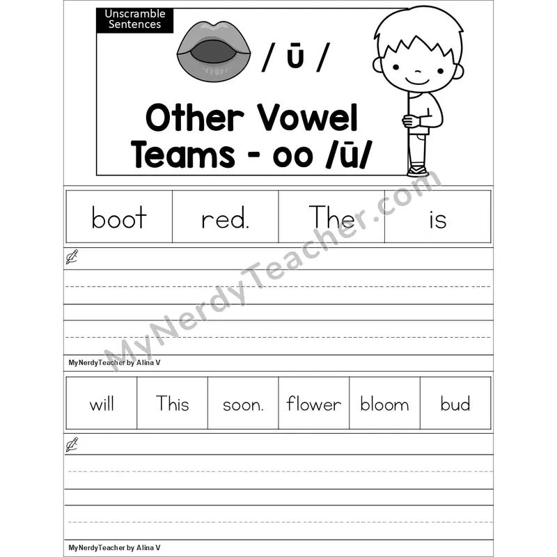 Editable oo, u (short oo sound) Unscramble Sentences Worksheet (Black and White)
