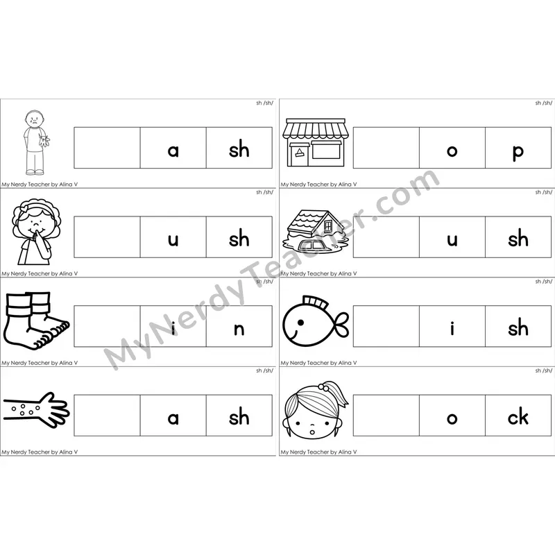 sh Digraph Missing Beginning Sounds Word Cards (Black and White)