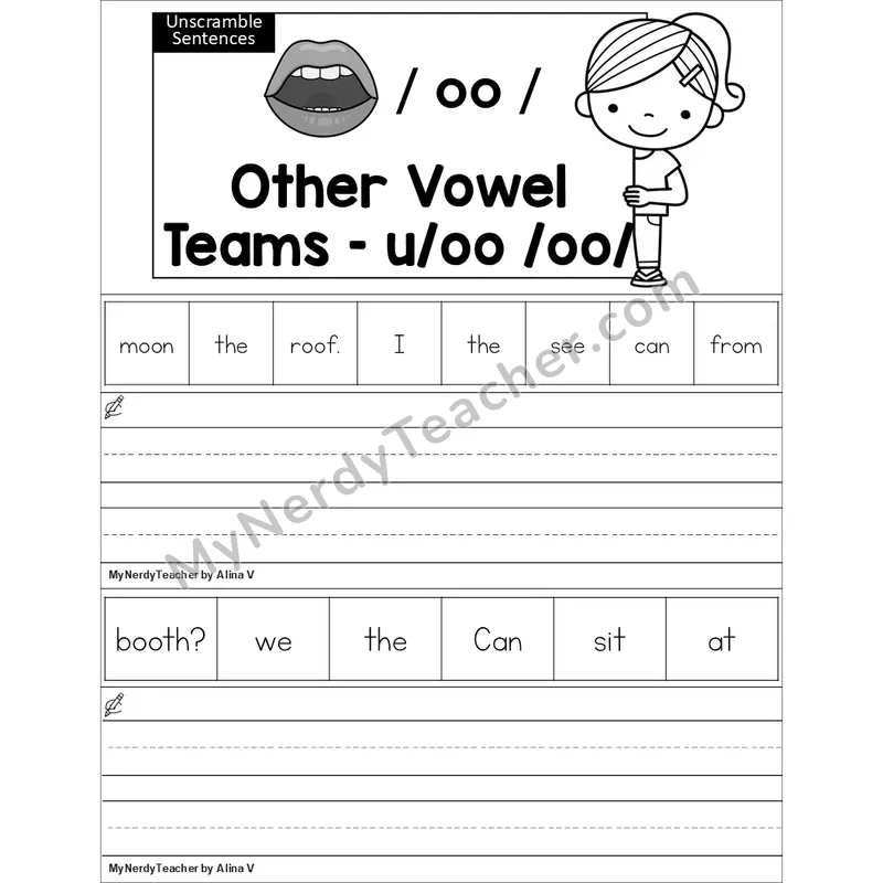 Editable oo (long oo sound) Unscramble Sentences Worksheet (Black and White)