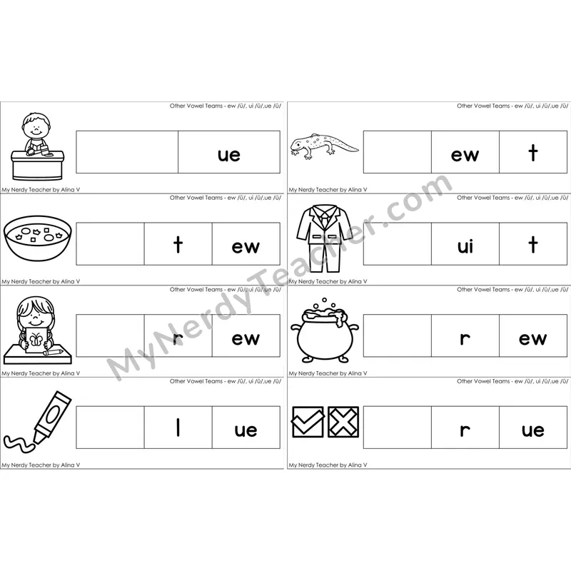 ew, ui, ue Vowel Team Missing Beginning Sounds Word Cards (Black and White)