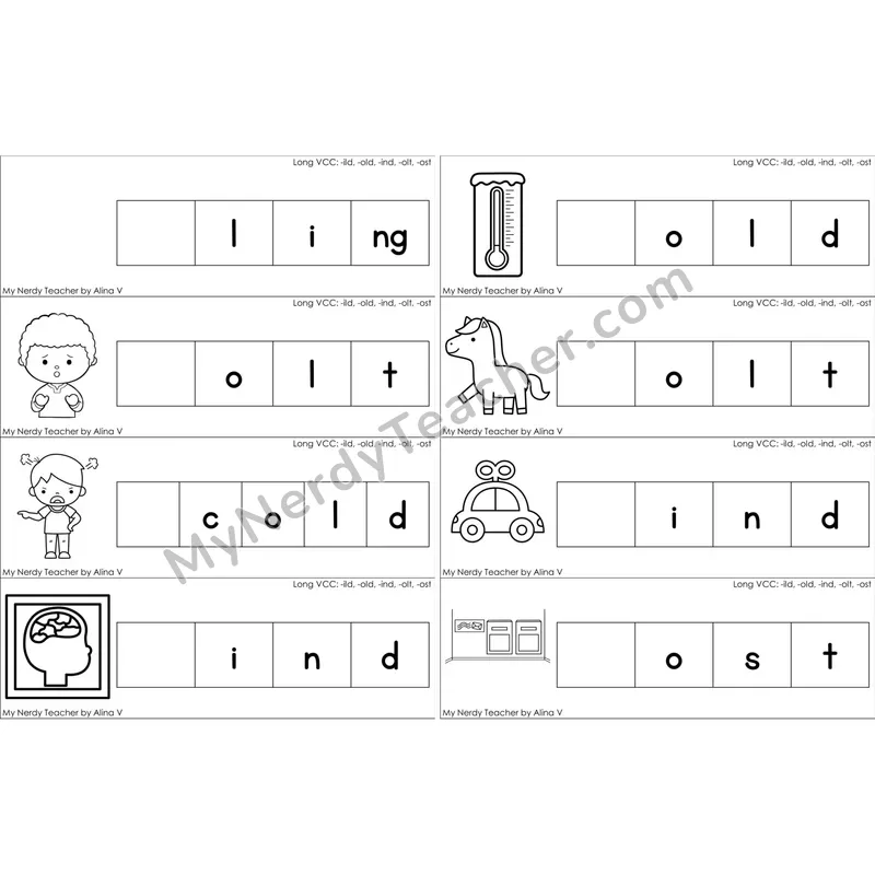 Long VCC (-ild, -old, -ind, -olt, -ost) Missing Beginning Sounds Word Cards (Black and White)