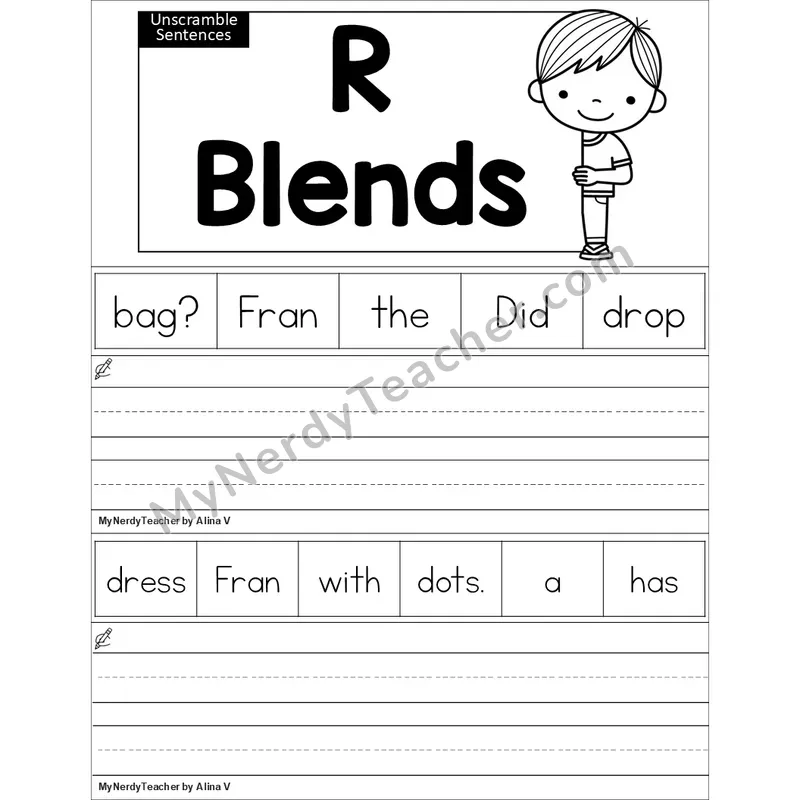 Editable R Blends Unscramble Sentences Worksheet (Black and White)