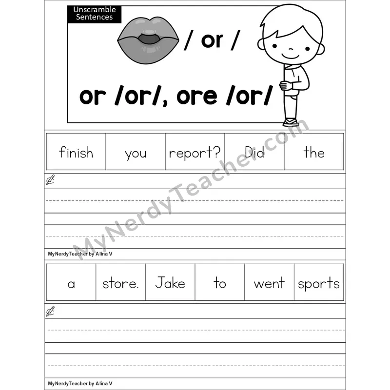 Editable or, ore (R-Controlled) Unscramble Sentences Worksheet (Black and White)