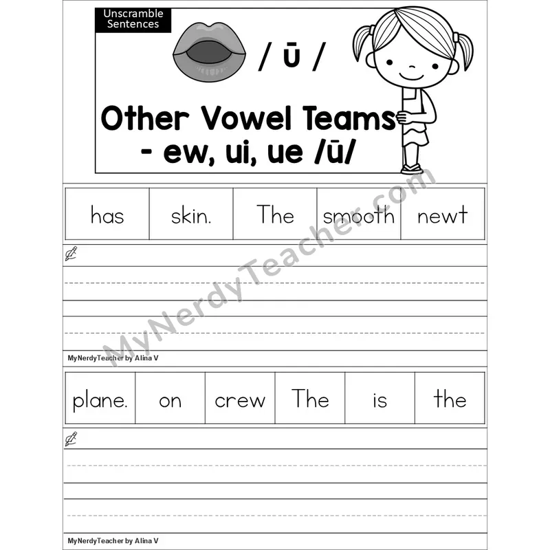 Editable ew, ui, ue Vowel Team Unscramble Sentences Worksheet (Black and White)