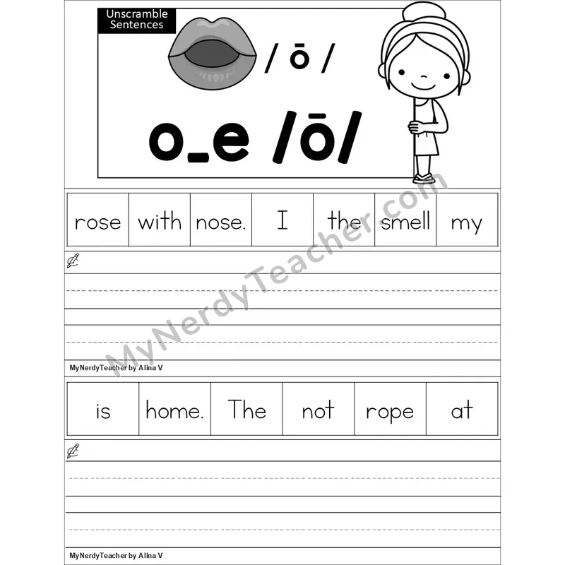 Editable o_e (Long O VCe) Unscramble Sentences Worksheet (Black and White)