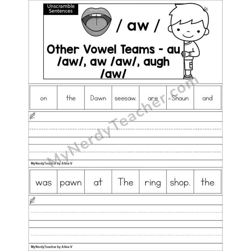 Editable au, aw, augh Vowel Team Unscramble Sentences Worksheet (Black and White)