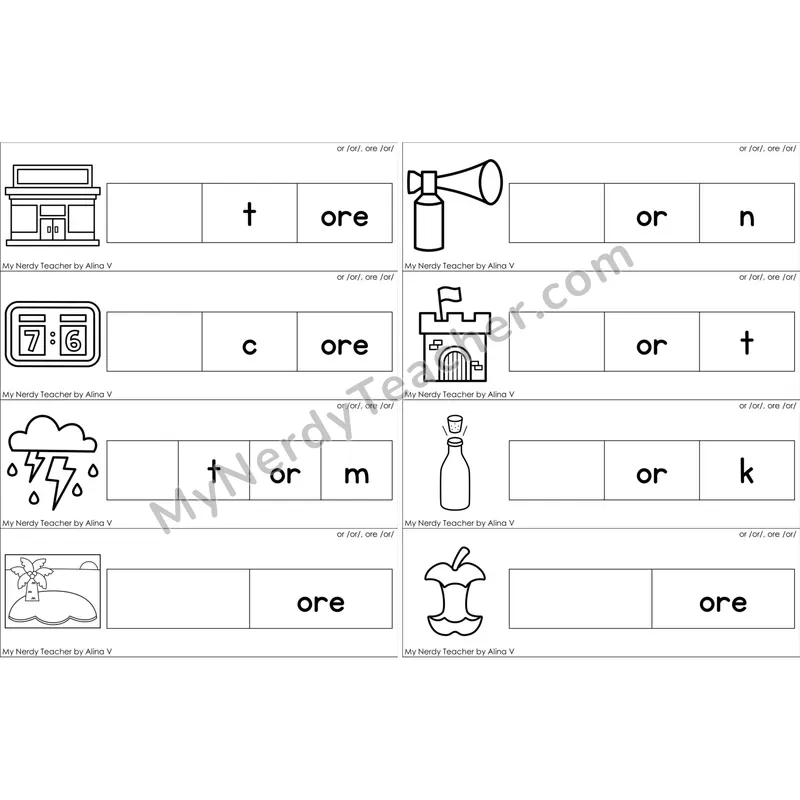 or, ore (R-Controlled) Missing Beginning Sounds Word Cards (Black and White)