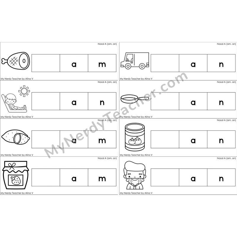 Nasalized A (am, an) Missing Beginning Sounds Word Cards (Black and White)