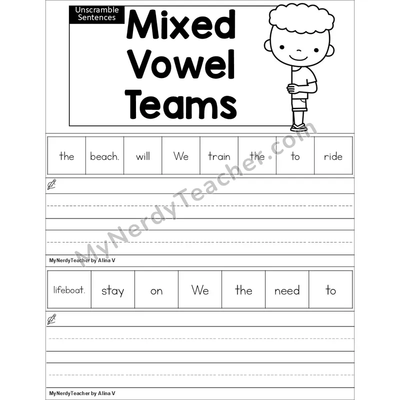Editable Mixed Vowel Teams Unscramble Sentences Worksheet (Black and White)