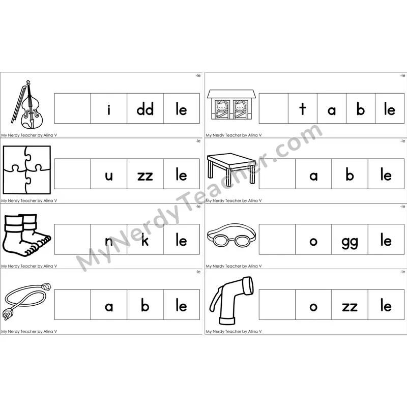 Consonant -le Missing Beginning Sounds Word Cards (Black and White)