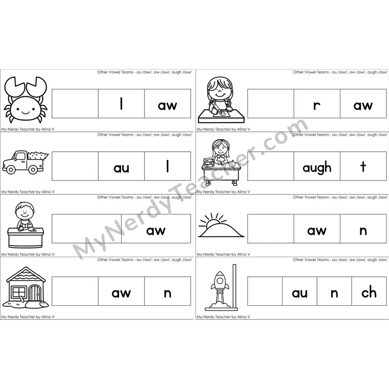 au, aw, augh Vowel Team Missing Beginning Sounds Word Cards (Black and White)