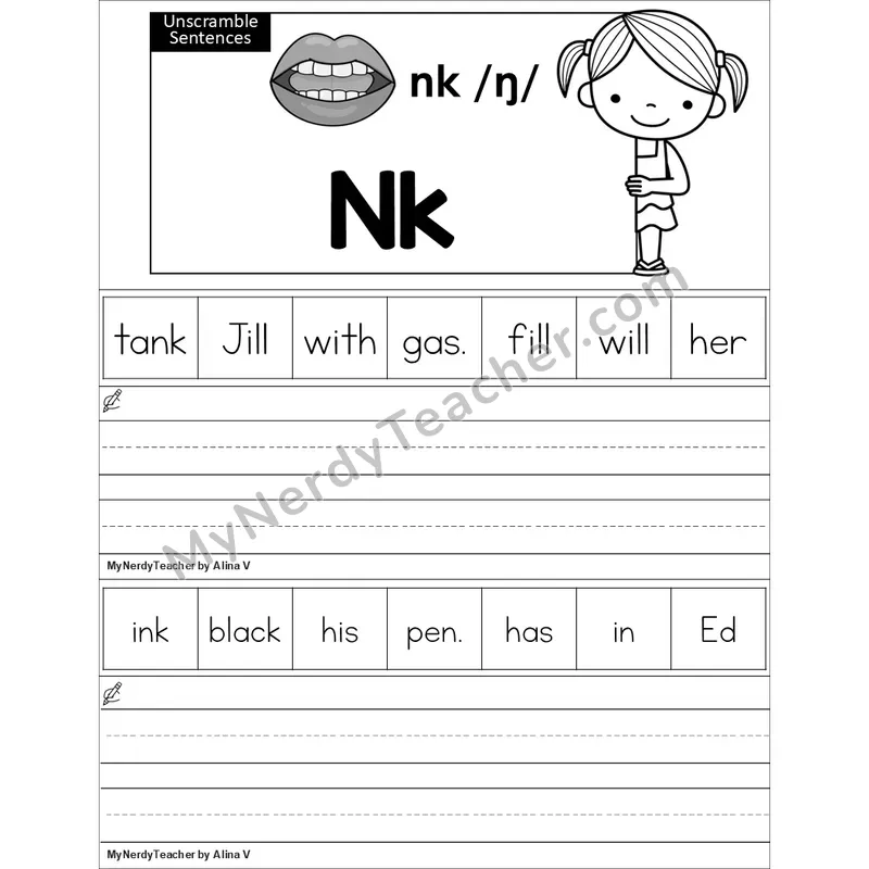 Editable nk Glued Sound Unscramble Sentences Worksheet (Black and White)