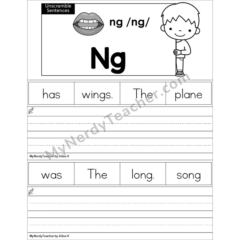 Editable ng Glued Sound Unscramble Sentences Worksheet (Black and White)