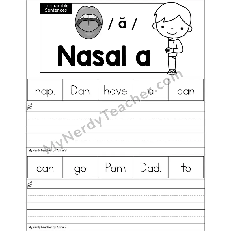 Editable Nasalized A (am, an) Unscramble Sentences Worksheet (Black and White)